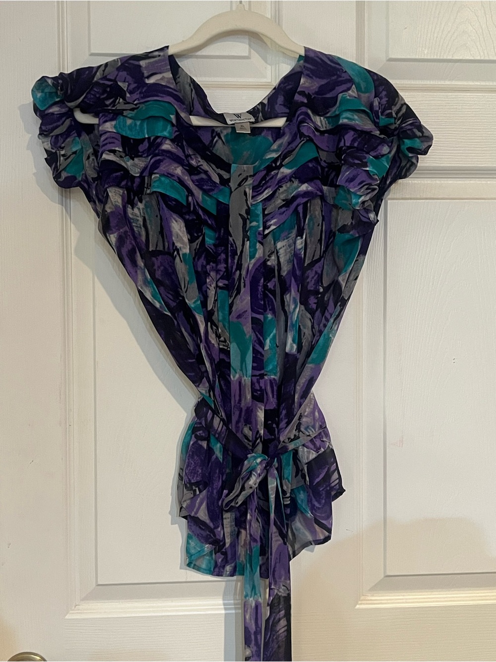Worthington Purple & Teal Ruffle Tie-Waist Blouse